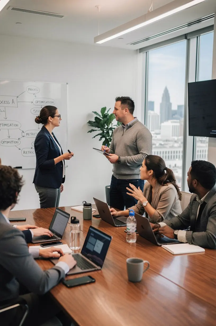 Illustration of a business professional analyzing workflow charts with automation tools to enhance process efficiency in a Canadian office setting